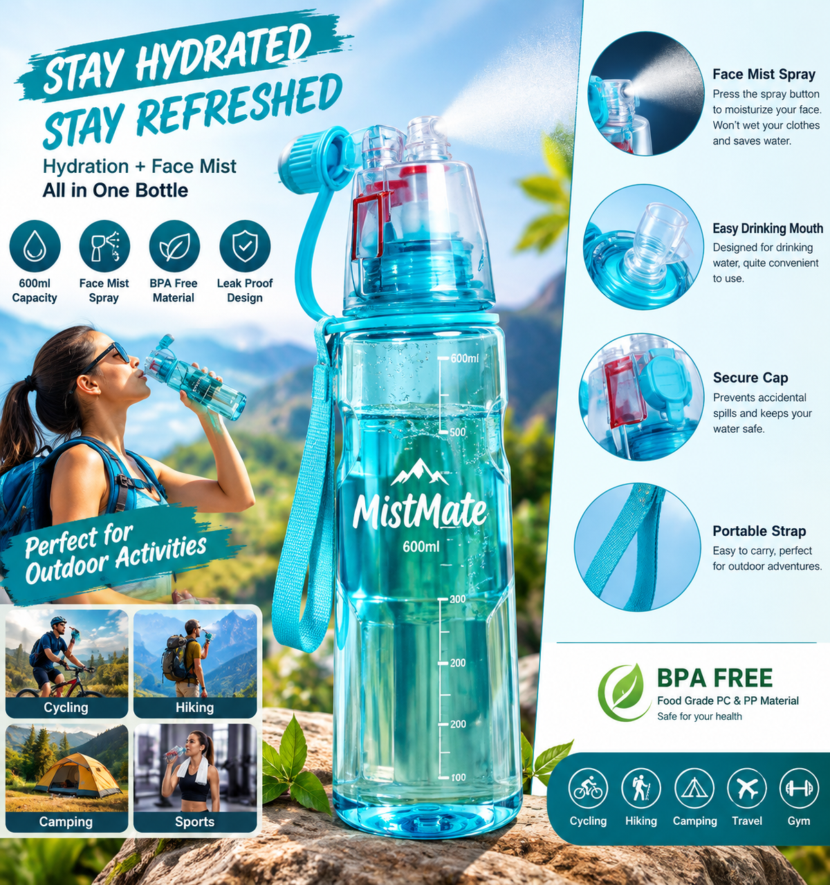 MistMate 600ml Sports Water Bottle – BPA-Free Portable Hydration Bottle with Face-Mist Spray